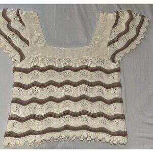 Jessica Simpson Crochet Knit Cream And Brown Striped Square Neck Top Women’s XL